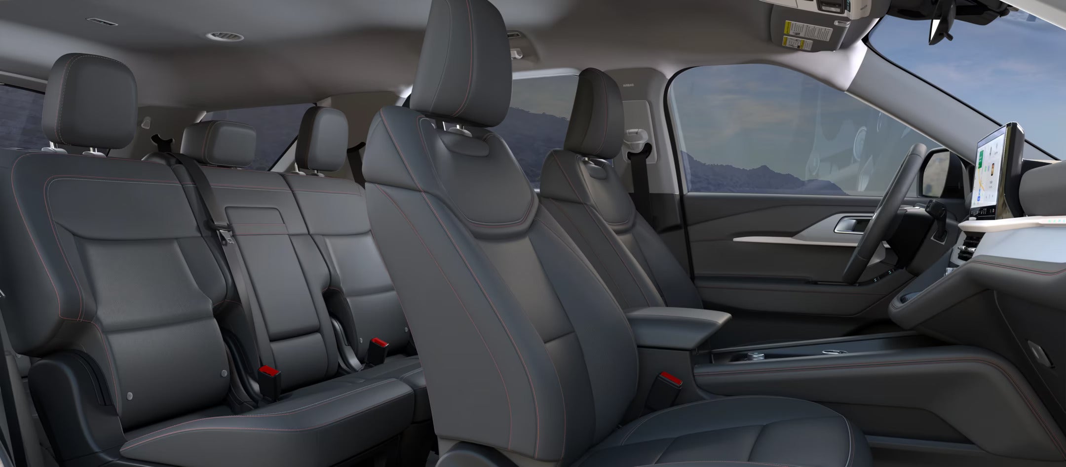 Interior view of the 2025 Ford Explorer featuring leather seating and modern dashboard design.