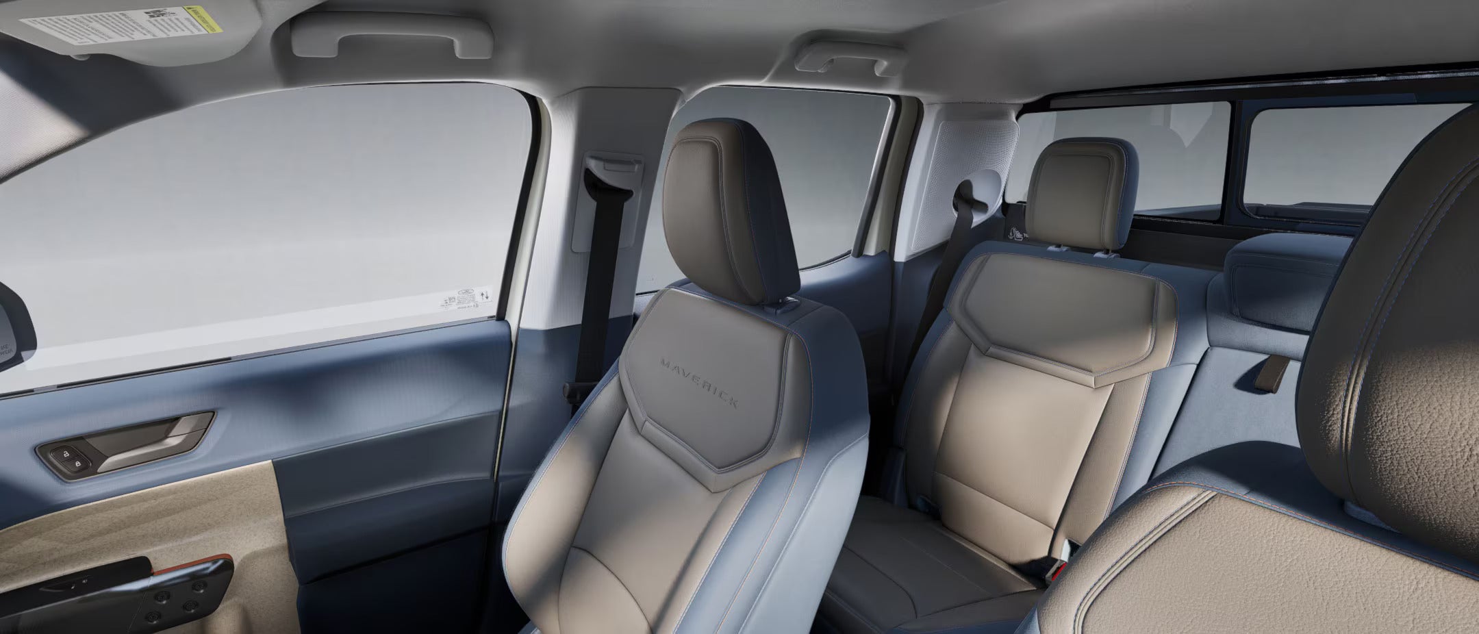 the gray with blue stitching leather interior of a 2025 ford maverick