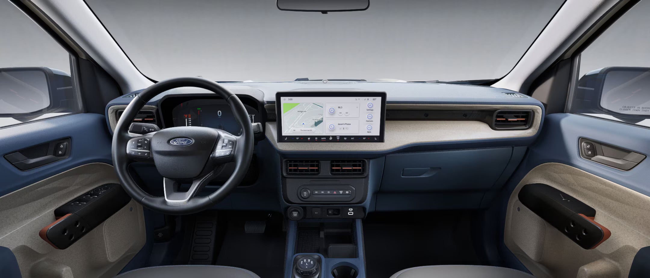 A wide-angle view of the Ford Maverick interior, showcasing the dashboard with a central touchscreen display and a modern steering wheel design, highlighting the vehicle's technology and comfort.